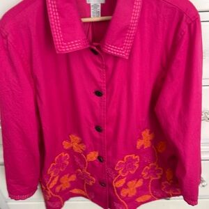 Chico's Pink Cotton Jacket w Orange Floral Embroidery. Size 3 in Chico’s sizing